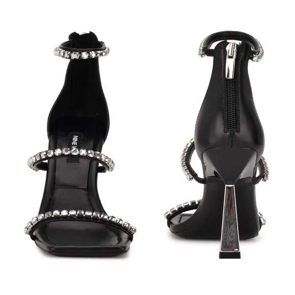 NINE WEST - VAVOOM, Black faux leather studded 4.25" heel sandals, SZ 7 - Picture 2 of 3